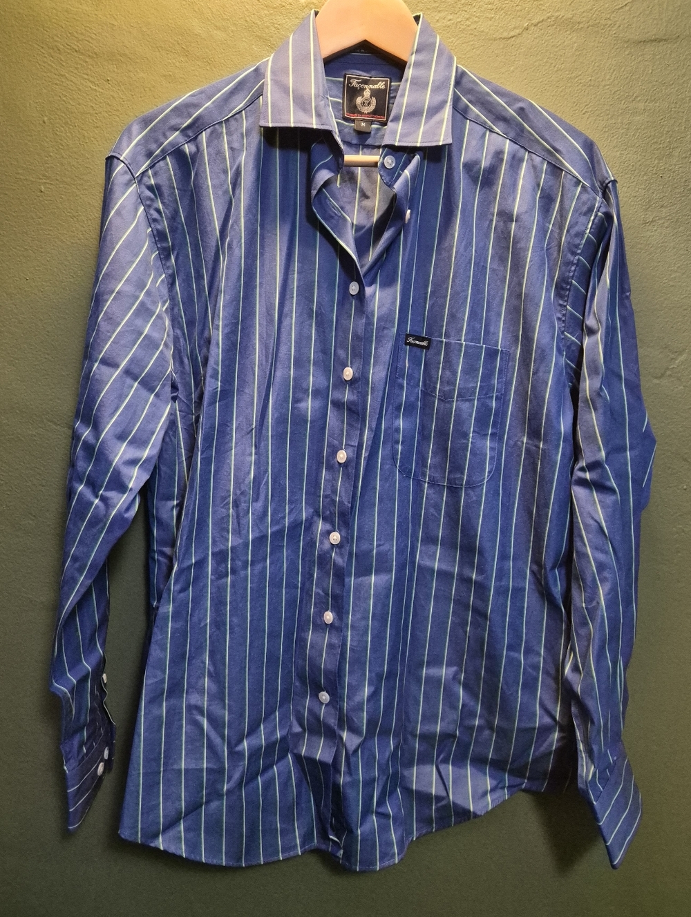 Façonnable Blue Green Striped Button Up Shirt Cotton Long Sleeve Size M